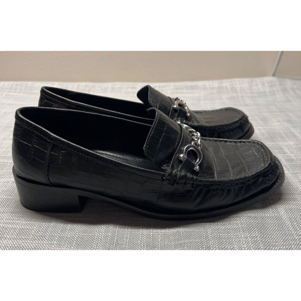 Topshop Womens Horse Bit Croc Embossed Black Heeled Leather Loafers Size 41 10.5